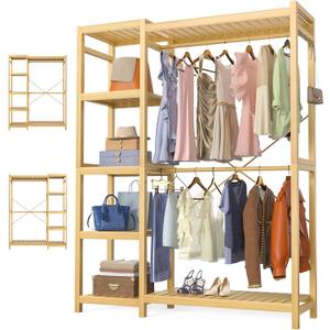 Homykic Bamboo Clothes Rack Garment Rack for Hanging Clothes, Heavy Duty Clothing Rack with 7 Tiers Adjustable Shelves, Double Rods, 4 Hooks, Freestanding Closet System Organizer Wardrobe, Natural (II Medium)
