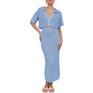 Saodimallsu Women Crochet Beach Cover Up Set Knit Crop Button Short Sleeve Collar Top Bodycon Long Skirt 2 Piece Outfits (Blue, S)