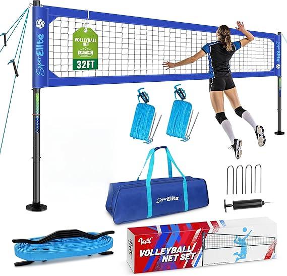 VSSAL Professional Volleyball Net Set Heavy Duty for Outdoor Backyard Portable with Aluminum Scoring Poles, 32ft Regulation Nets System for Tournament, Adjustable Height and Length (Classic Blue)