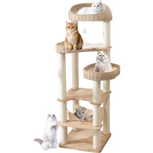 Wooden Cat Tree for Indoor Cats, 62-Inch Tall Cat Tower with Scratching Post for Large Cats, Solid Wood Cat Condo with Handwoven Basket, Modern Cat Tree Tower with Hammock, Easy to Clean