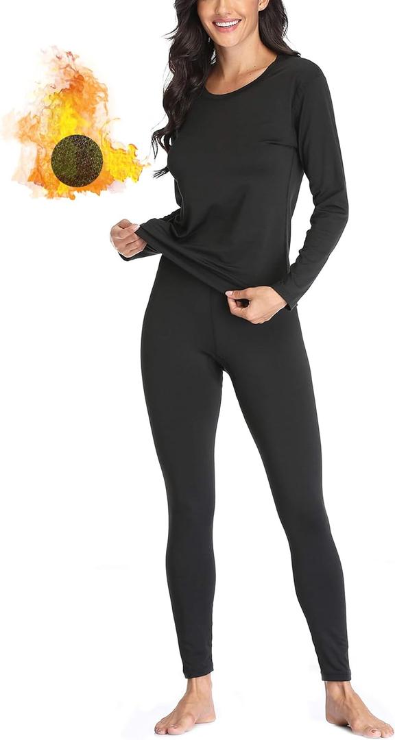 Women 's Thermal Underwear Set with Lightweight Ultra Soft Fleece Lined,Long John Set, Skiing Base Layer (Large, Black)