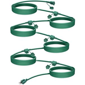 Green Outdoor Extension Cord with Multiple Outlets, 25ft Christmas Light Extension Cord Outside, Evenly Spaced 6 Plugs, 16/3 SJTW Weatherproof Wire for Landscaping Light, Holiday Party Decoration