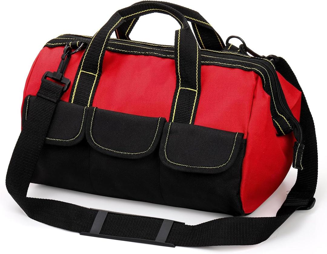 Hiceeden 16 Inch Wide Mouth Tool Bag, Collapsible Tool Tote with Waterproof Coating and Adjustable Strap, Portable Electrician Tool Organizer Handbag with 5 Outside Pockets, Red