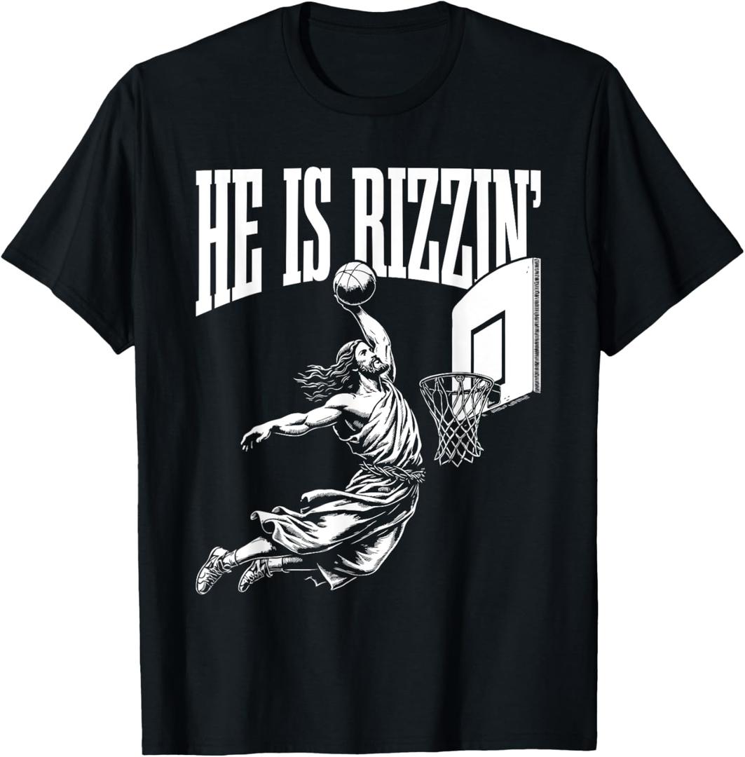 He Is Rizzin Funny Jesus Basketball Meme T-Shirt (Small, Black)