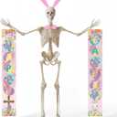12 ft Skeleton Easter Costume Accessories Include Happy Easter Banner Bunny Ears Headband Pink Bow Giant Sized Skeleton Outfit Set for Holiday Garden Patio Lawn Decor