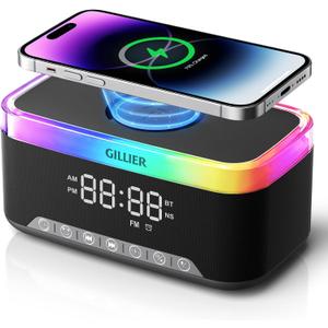 Wireless Charging Alarm Clock Radio for Bedrooms 15W Fast Wireless Charger Station for iPhone Samsung, Bluetooth Stereo Speaker with FM Radio, Dimmable Display, USB Port, Sleep Timer, Black