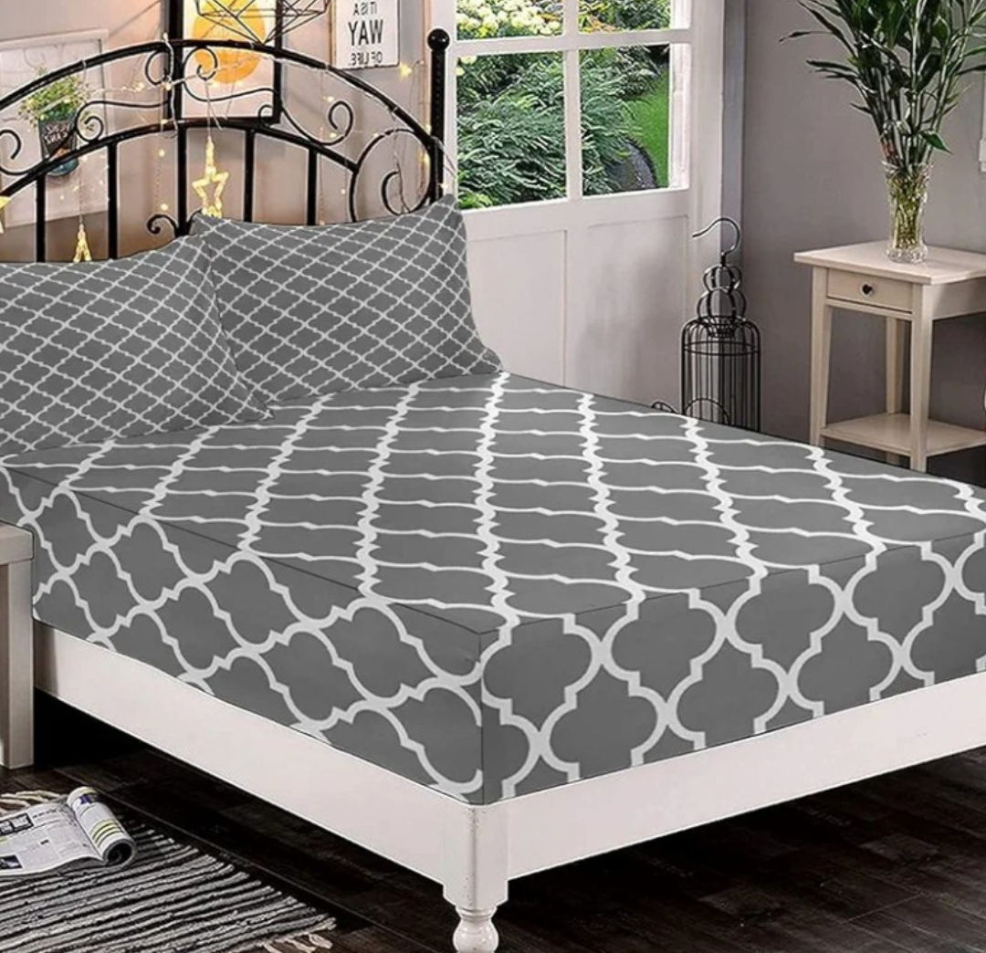 Decorative Fitted Sheet Set Full Size, Grey Deep Pockets Fitted Sheet(No Flat Sheet), Quatrefoil Pattern Barbed Design Geometric Leaf Printed Microfiber Beddin