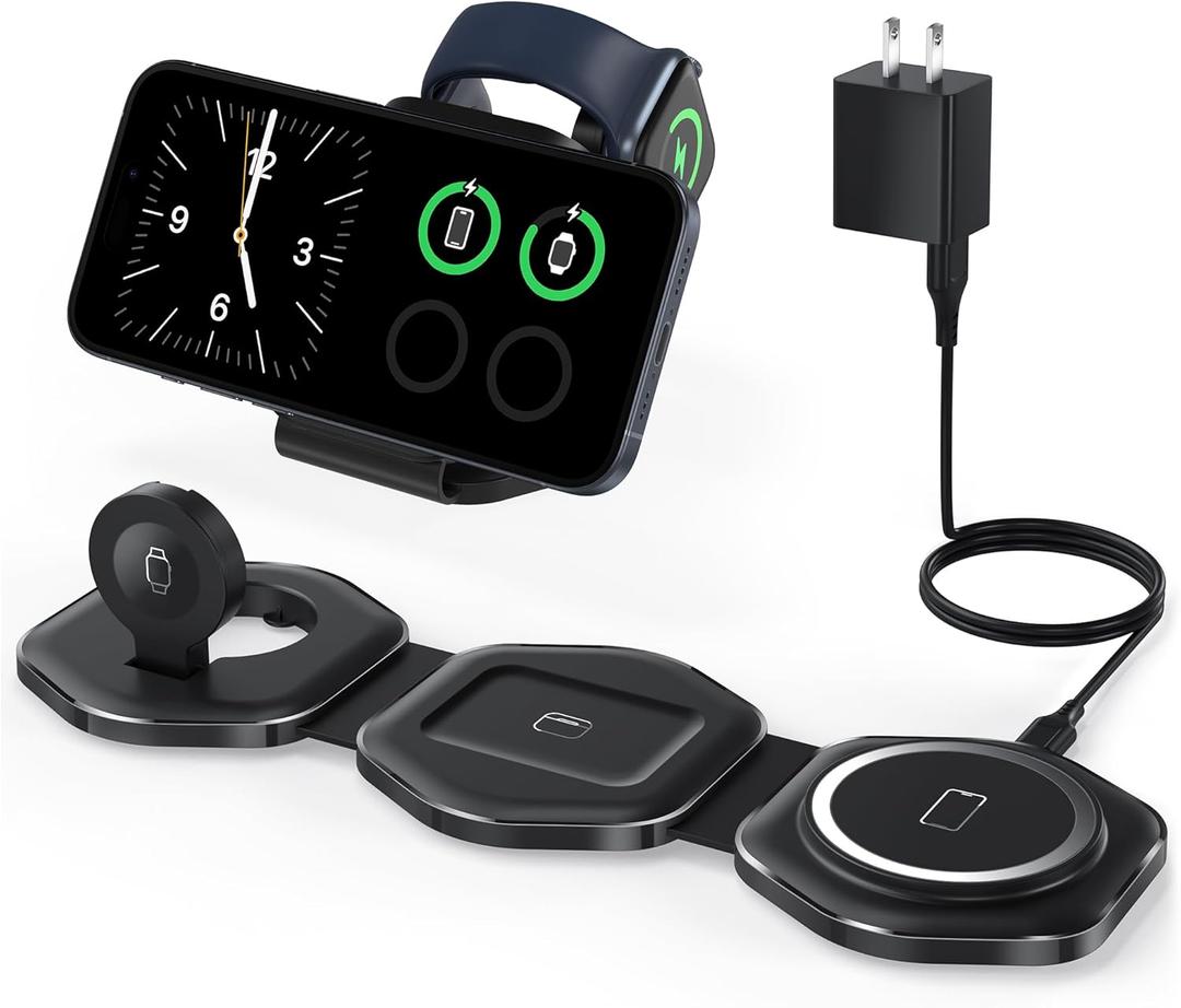 3 in 1 Wireless Charging Station for Apple MagSafe Charger, Foldable Magnetic Travel Charger for Multiple Devices iPhone 16 15 14 13 12 Series Apple Watch AirPods Pro Black