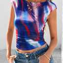 PRETTYGARDEN Women's Summer Floral Mesh Tank Tops 2025 Trendy Casual Cap Sleeve Slim Fitted Blouse Shirt Going Out Outfits (Blue, S)