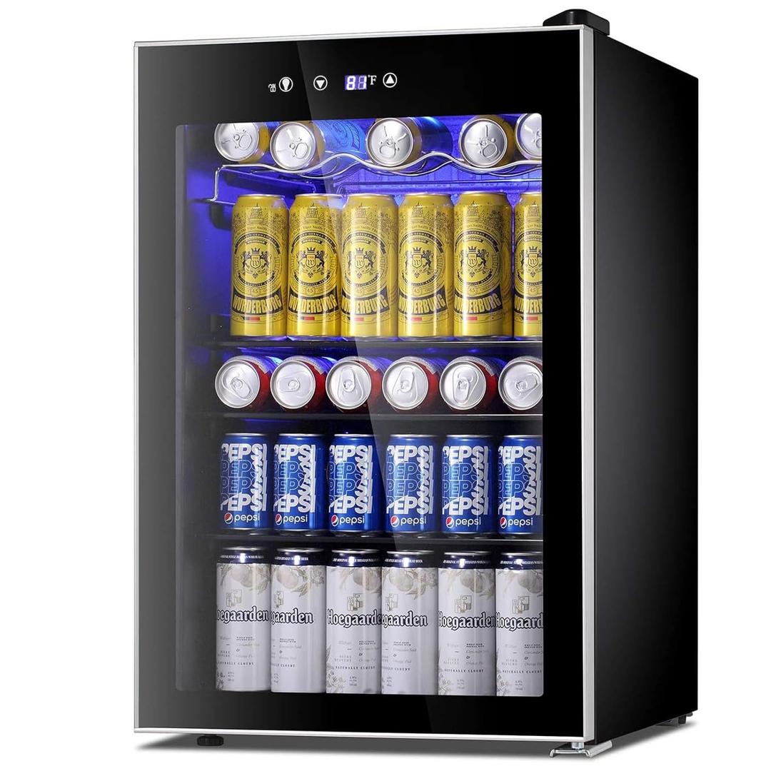 COWSAR Beverage Refrigerator, 145 Can Mini Fridge Glass Door for Soda Beer, ETL Approved Stainless Steel Fridge with Temperature Display, LED Light for Home, Office, Bar, 4.5 cu.ft (Black)