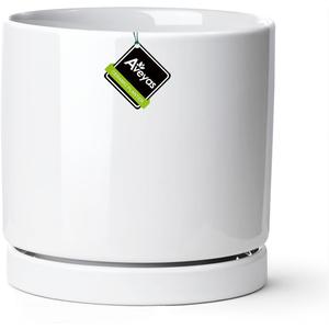 Aveyas 8 inch Ceramic Plant Pot with Drainage Hole and Saucer - Suitable for Indoor and Outdoor Use, Modern Planters for House Garden Flower Tree Snake Monstera Plants (8", Glossy White)