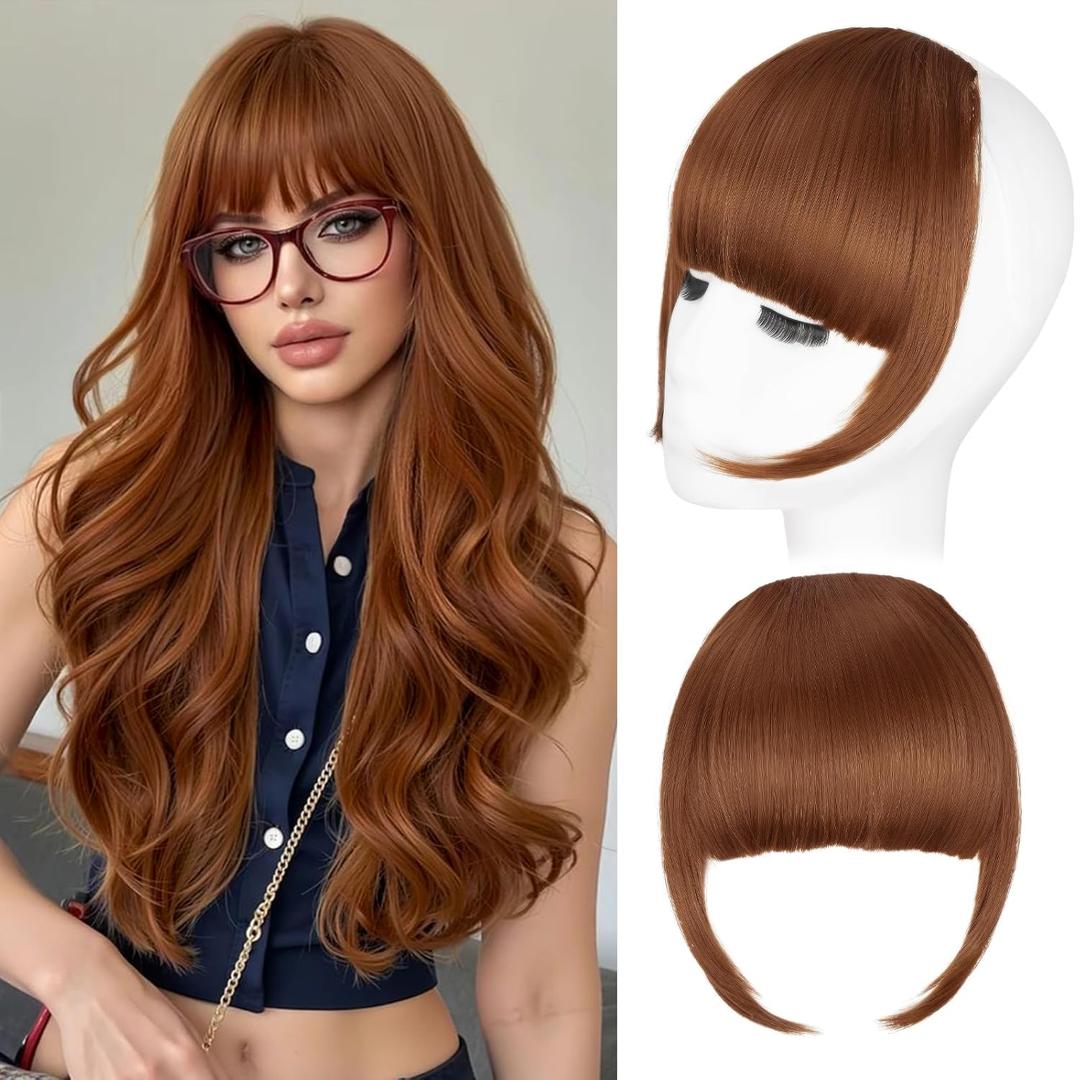 Clip in Bangs, Synthetic French Bangs Hair Clip, Light Auburn Fake Bangs Fringe with Temples Hairpieces for Women Natural Curved Hair Extensions for Daily Wear
