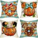 Fjfz Hello Fall Pumpkin Decorative Throw Pillow Covers 20 x 20 Set of 4, Autumn Wreath Doughnut Hot Cocoa Porch Outdoor Home Decor, Blue Stripes Maple Leaves Seasonal Couch Cushion Case
