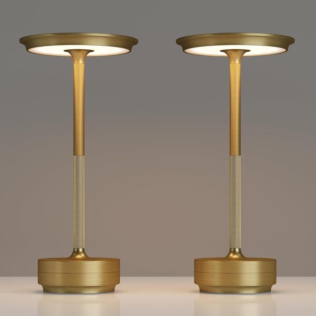 2 Pack Rechargeable Cordless Table Lamps, Portable 5000mAh Battery Table Light, 3 Color Stepless Dimming LED Table Light with Memory Function, for Outdoor/Dinner/Patio/Restaurant.(Gold)