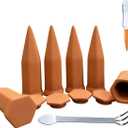 Large Clay Watering Spikes with Lids, Olla Spikes | 6 Pack Self-Watering Stakes for Indoor & Outdoor Planters | Terracotta Vacation Plant Waterer, Slow Release Devices with Rake