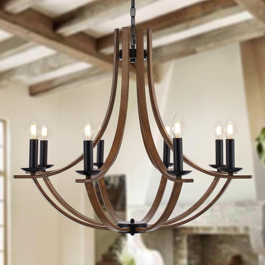 31.5" Large Wooden Chandelier 8-Lights Vintage Farmhouse Candle Style Chandeliers with Wood Finish Metal Industrial Retro Rustic Black Chandelier for Dining Room, Kitchen, Living Room, E12