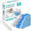 15 Pack Vacuum Seal Bags for Clothing &Travel, Space Saver Vacuum Storage Bags for Blankets,Luggage,Clothes,Comforter, Hand Pump Included (3 Jumbo,3 Large,3 Medium,3 Small,3 Roll)