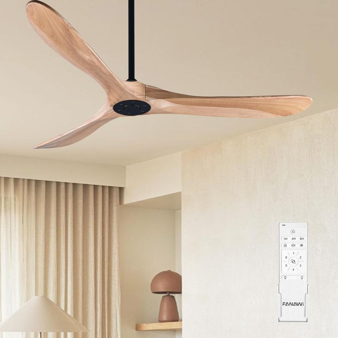 Ceiling Fan No Light, 52 Inch Modern Solid Wood Ceiling Fan with Remote, Quiet DC Motor, Flush Mount Low Profile Indoor or Covered Patio Ceiling Fan for Bedroom Living Room, Natrual Wood