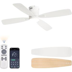 LEDIARY 52 inch Ceiling Fans with Lights and Remote Control,Flush Mount Ceiling Fan with Quiet Reversible DC Motor,White Modern Low Profile Ceiling Fan with Light for Bedroom Living Room Patio