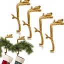 Vicenpal 4 Pcs Fireplace Stocking Garland Hanger for Mantel 2 in 1 Christmas Stocking Holder Two Hooks Durable Wrought Iron Metal Hanger with Padded for Holiday Xmas Home Shelf Decor (Retro Brass)