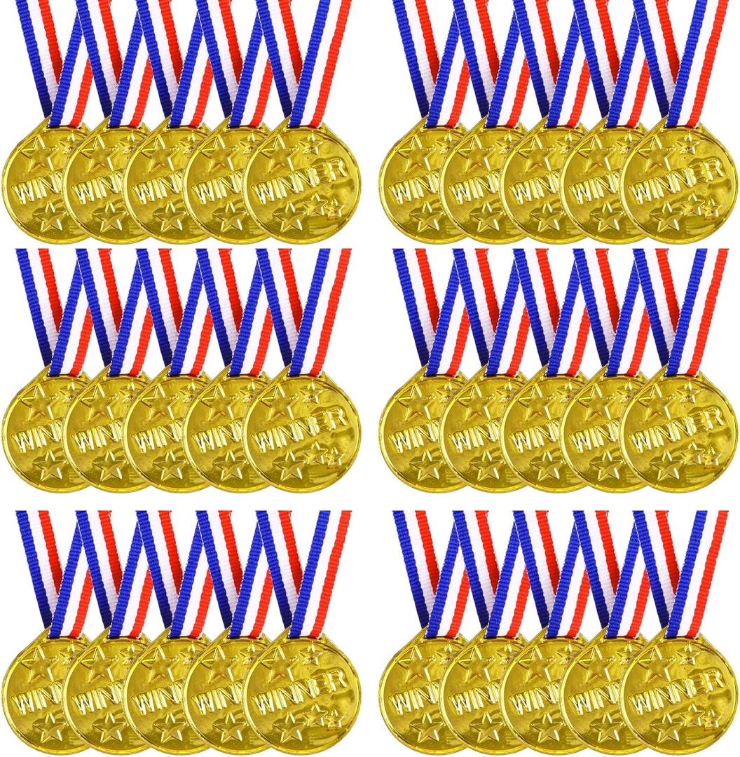 SULOLI 30 Pieces Plastic Gold Winner Award Medals, Winner Medals Award Medals for Sports Competition Talent Show Spelling Bee Birthday Party Favors