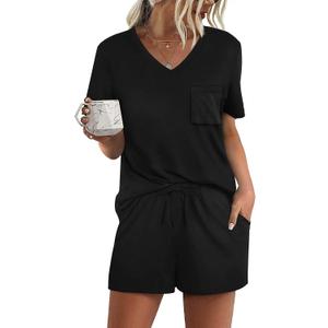 RUBZOOF Women's Short Sleeve Pajama Sets with Pockets Casual V Neck 2 Piece Lounge Sets S-3XL (Large, 01-black)
