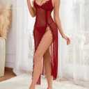 Foxiny Sexy Side Split Long Lace Sheer Lingerie Dress V Neck Night Gowns with Thong 2 Piece Set (Red, XXL)