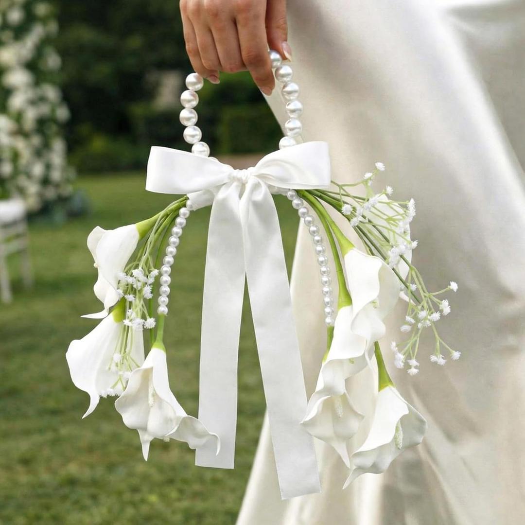 Novabright White Rose Bridal Bouquet with Pearl Handle, Bridal Pearly Bouquet with Flowers with Pearl Bead for Wedding Party Church Bridesmaid(Calla Lily)