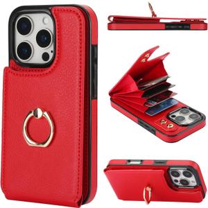 Folosu Compatible with iPhone 16 Pro Case Wallet with Card Holder, 360Rotation Finger Ring Holder Kickstand, RFID Blocking Leather Protective Double Buttons Shockproof Cover 6.3 Inch Red