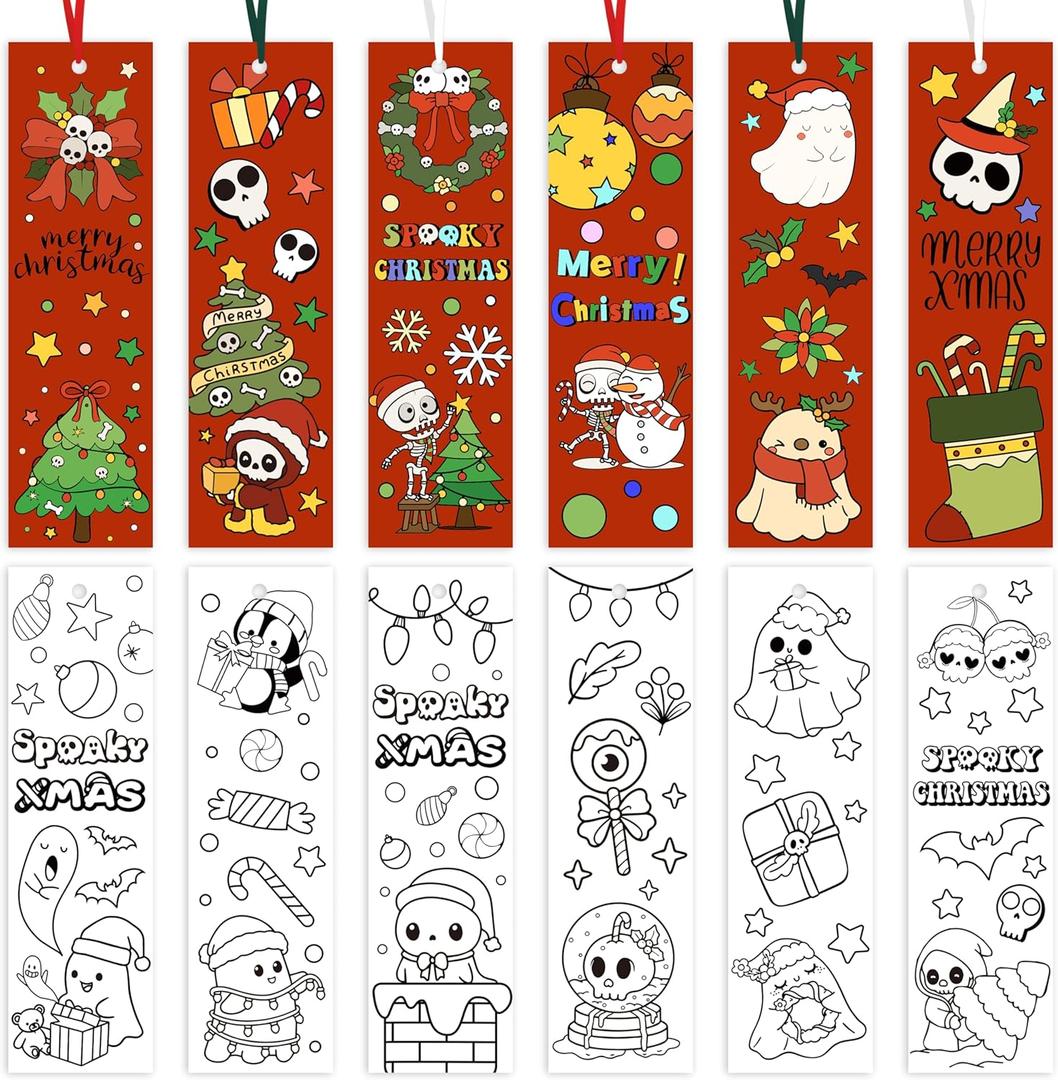 2 x Christmas Color Your Own Bookmarks-120 Pcs Spooky Christmas DIY Coloring Blank Bookmark Xmas Winter Holiday Party Gift Art Craft Supplies for Kids Goodie Bag Fillers Classroom Reading Rewards