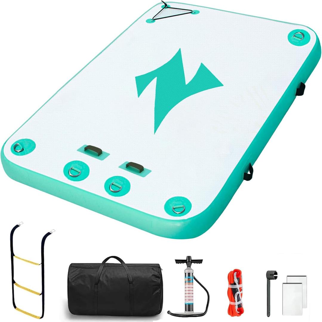 ZAFIED Inflatable Floating Dock Platform, 8'x5' Floating Island for Lake, 6 inch Thickness Non-Slip Inflatable Dock Kit for River/Pool/Beach/Ocean, Water Mat Swim Raft for Adults Kids Dogs