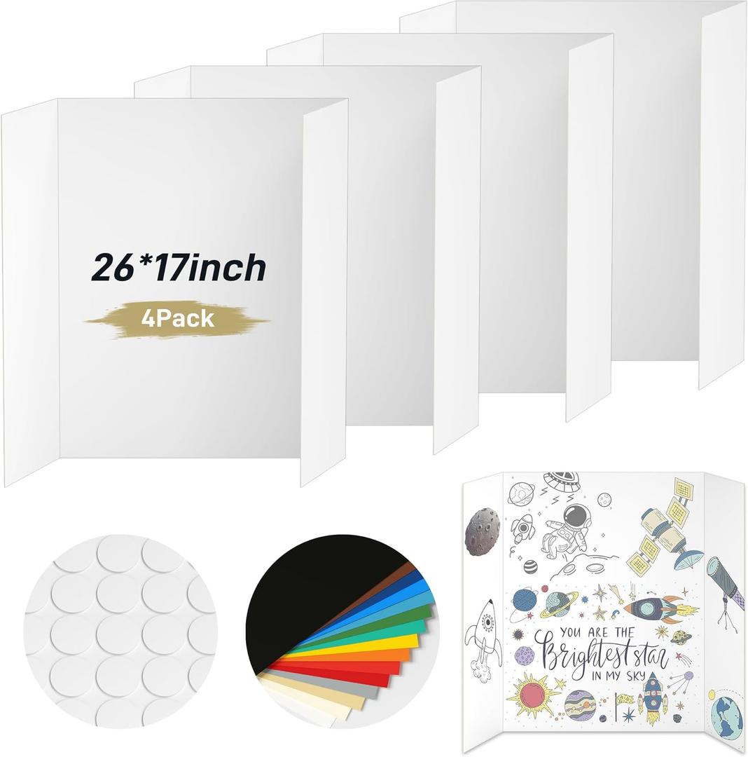 PSHVYM 4 Pcs Trifold Poster Board, 26 x 17 inches Poster Board with Double Sided Tapes and Cardboard, Corrugated Presentation/Display Board for School Project, Science Fair, Business (White)