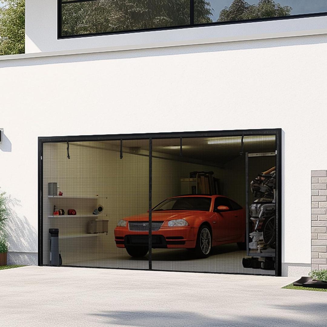 LOOBANI Magnetic Garage Door Screen 10x8 Ft: Heavy Duty Garage Screen Door for 1 car Garage, Retractable Roll Up Garage Net Screen for Patio, Hand-Free, Easy Install, Keep Bugs Out & Air in