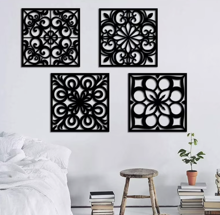 Black Metal Boho Wall Art, 4 Piece Modern Minimalist Wall Sculptures Abstract Geometric Black and White Artwork for Living Room Bedroom Kitchen Home Office Decor 72x18 or 36x36 IN