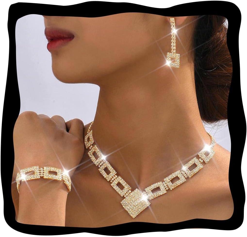 Unicra Crystal Bridal Wedding Jewelry Set Silver Rhinestone Necklace Earrings Bracelet Sets Formal Costume Jewelry for Women and Brides