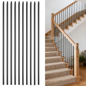 10 Pcs Square 1/2" x 44" Wrought Iron Plain Balusters for Staircase, Metal Hollow Spindles Deck Baluster for Indoor Stairs (Satin Black)