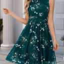 OURIN Womens Summer Casual Floral Boat Neck Semi Formal Cocktail Mesh Dress Modest Wedding Guest Dress (L)