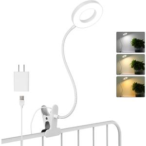 Woputne Desk Clip on Lamp for Reading Home Office, with 5V 2A Adapter, 10 Dimmable Brightness 3 Modes, Clamp Reading Light for Bed Headboard, Craft (White)