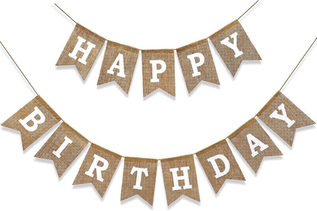 Happy Birthday BannerPreStrung Burlap 9ft Birthday Decorations & Reusable Birthday Sign for Men, Women & Kids | Party Supplies Backdrop (White)
