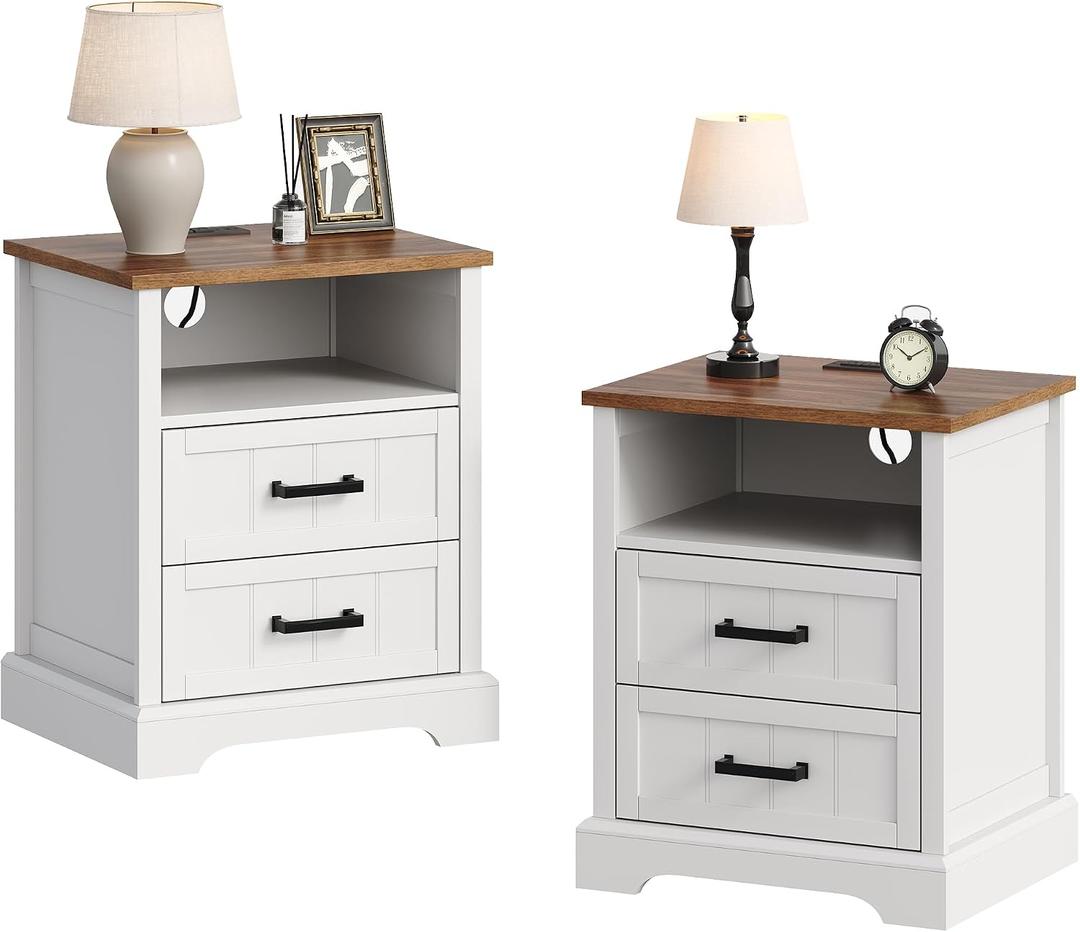 ChooChoo Farmhouse Night Stands with Charging Station, Wood Nightstand Set of 2 with 2 Drawers, Bedside Table with Open Storage Shelf for Bedroom, White