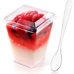 JOLLY CHEF 50 Pack 5 oz Plastic Dessert Cups with Lids and Spoons, Yogurt Parfait Appetizer Cup for Party, Clear Mini Dessert Shooter for Pudding Fruit Trifle Ice Cream