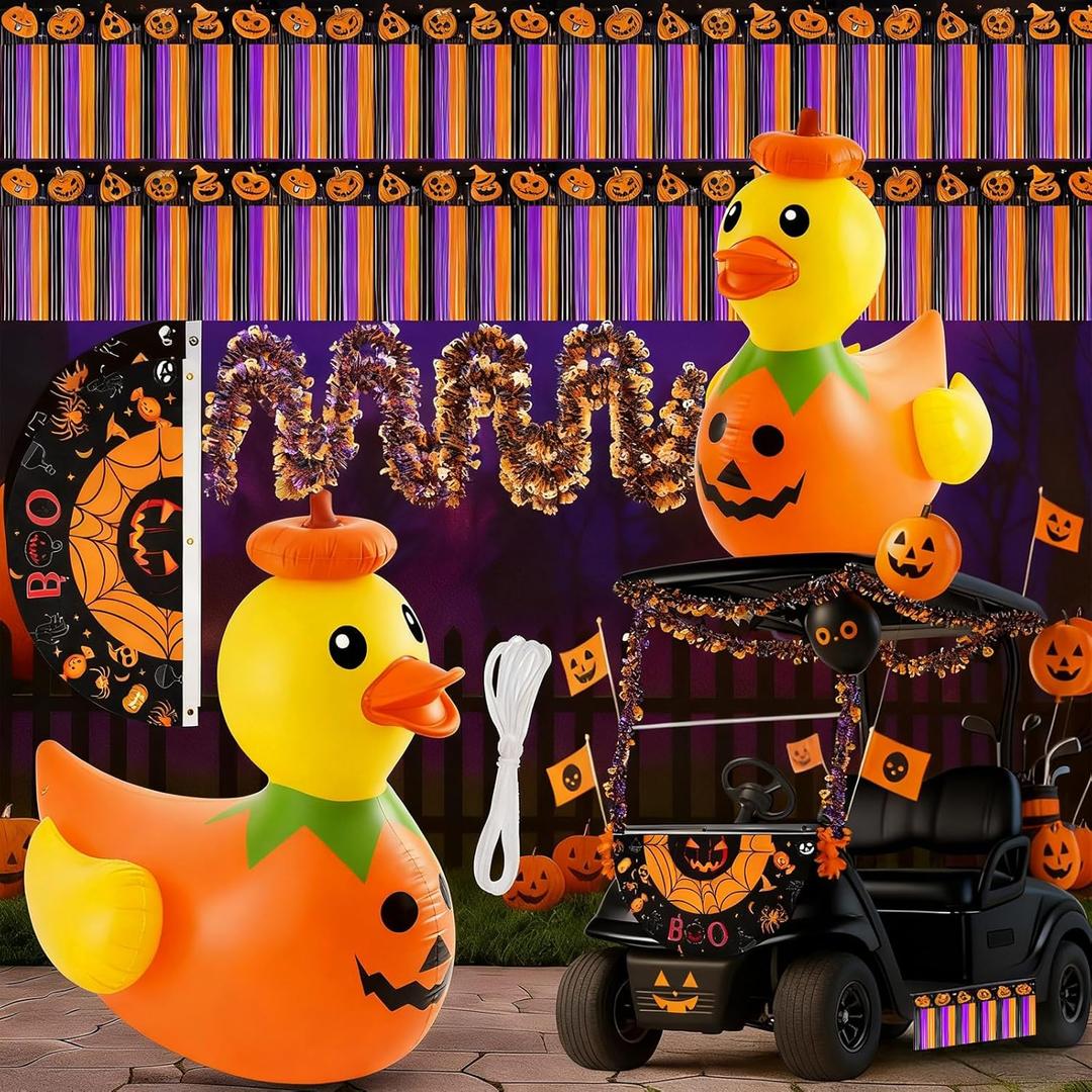 Hungdao 4ft Halloween Inflatable Pumpkin Duck Halloween Golf Cart Decorations Kit PVC Blow Ups Duck Tinsel Garlands Tinsel Streamers Fan Flag, Reusable Outdoor Pool Floats Decoration for Parade Yard
