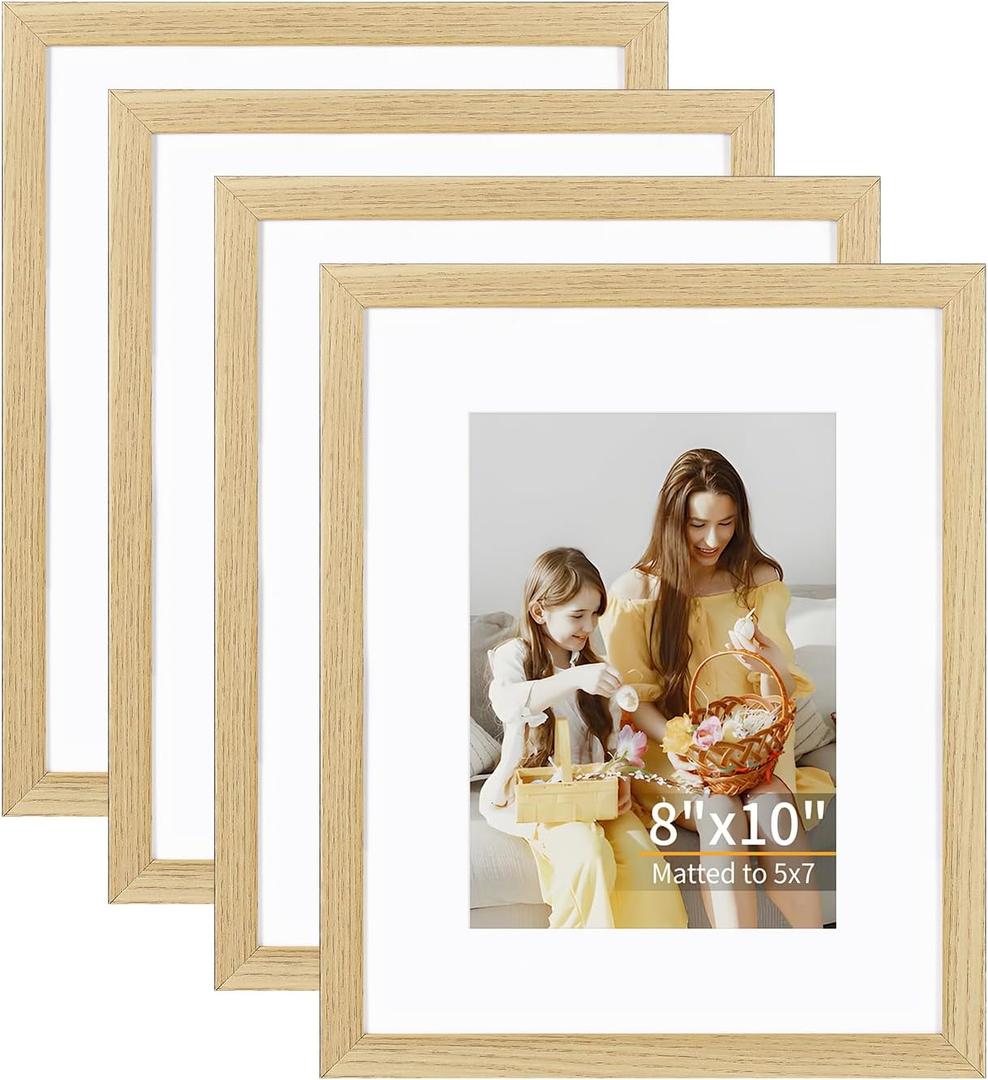 ATOBART 8x10 Picture Frame Set of 4, Displays 5x7 with Mat or 8x10 Without Mat, Photo Frames for Wall Hanging or Tabletop, Includes HD Plexiglass, Natural Wood Grain