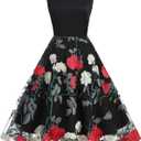 Women Keyhole Floral Embroidery Dress Sheer Mesh Illusion Vintage Cocktail Swing Dress Wedding Party Prom Tulle Evening Dress L