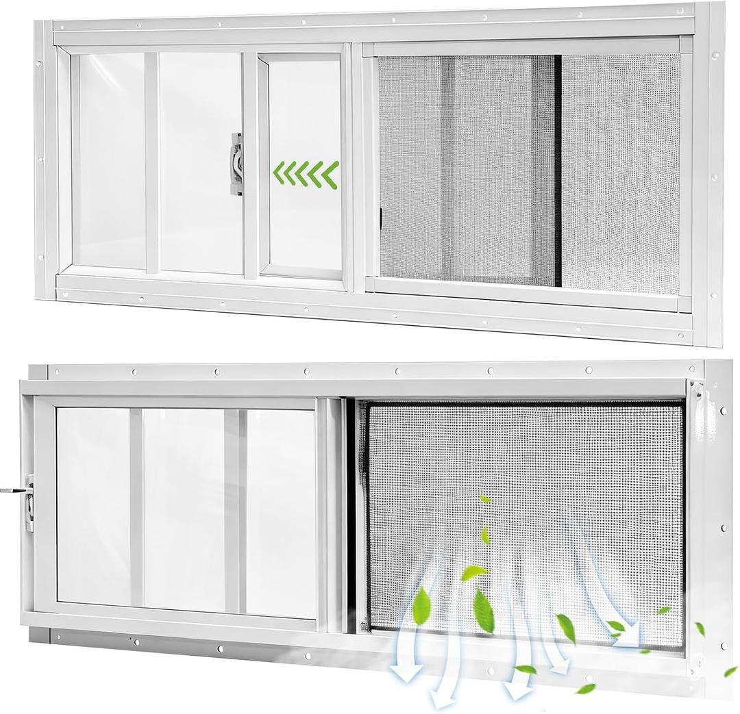Yuzzy Shed Windows 2 Pack, 10"x29" Sliding Windows Transom Window with Tempered Glass and Removable Fiberglass Screen for Shed, Chicken Coop, Playhouse, Household, Garage, Barns (White)