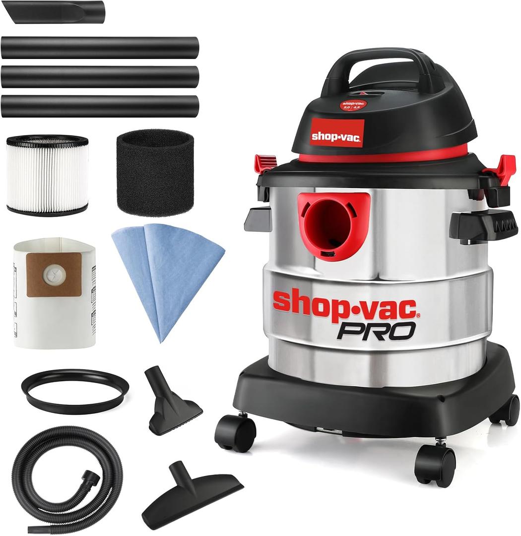 Shop-Vac 5 Gallon 4.5 Peak HP Wet/Dry Vacuum, Stainless Steel Tank, Portable Shop Vacuum with Attachments for Jobsite, Garage & Workshop. 5989300