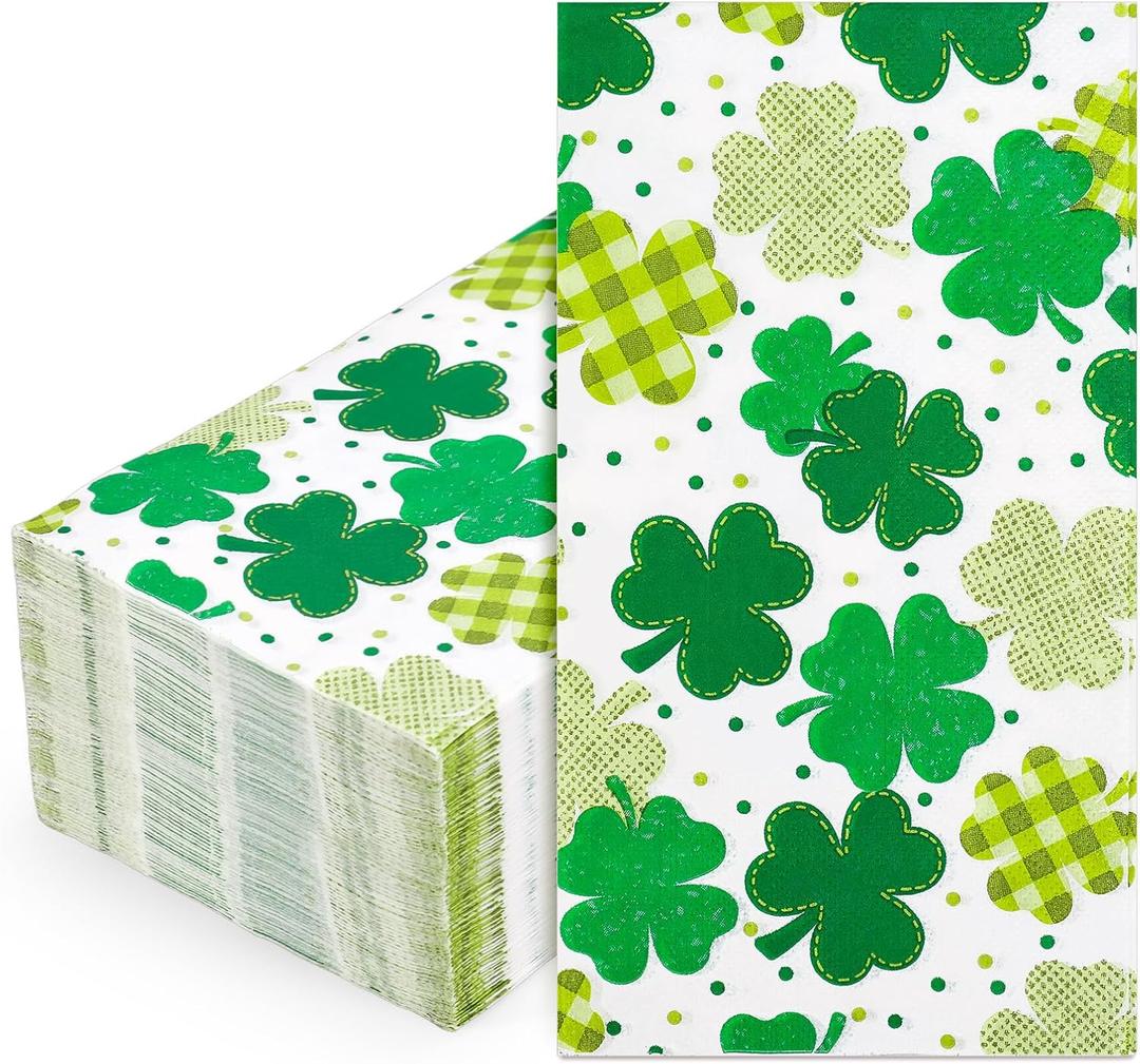 St. Patrick's Day Paper Napkins Green Shamrock Disposable Guest Napkins Plaid Dot Hand Towels for Irish Party Spring Holiday Kitchen Bathroom Dinner Table Decor Supplies, 50 Pcs