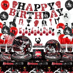 KEFAN Boxing Party decorations, Boxing birthday Party Supplies Packs, Fight Sports Wrestling Party Supplies including HAPPY BIRTHDAY Banner, Plates, Balloons, Boxing Party Set Serves 20 (Banner)