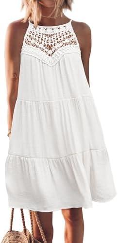 FARORO Womens Sleeveless Summer Beach Short Dresses Hollow Out Halter Coverup Casual A Line Sundress with Pockets XXL, White 