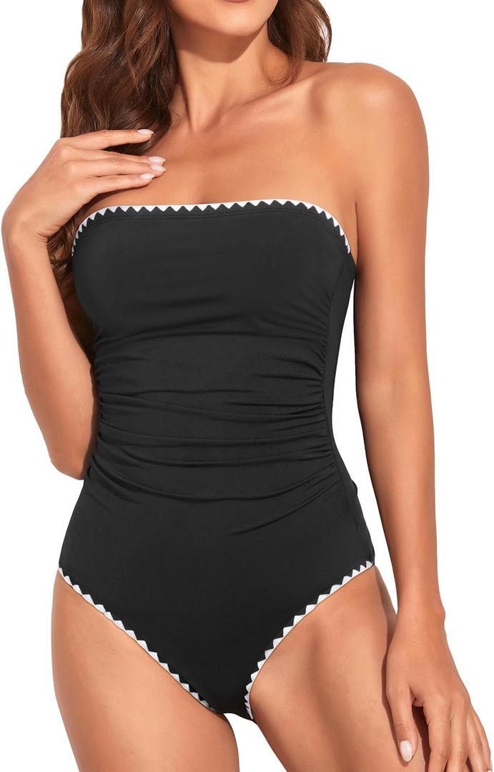 Holipick Women Tummy Control One Piece Swimsuits Strapless Bandeau Bathing Suits Slimming Halter Swimwear (Small, New Black With White)